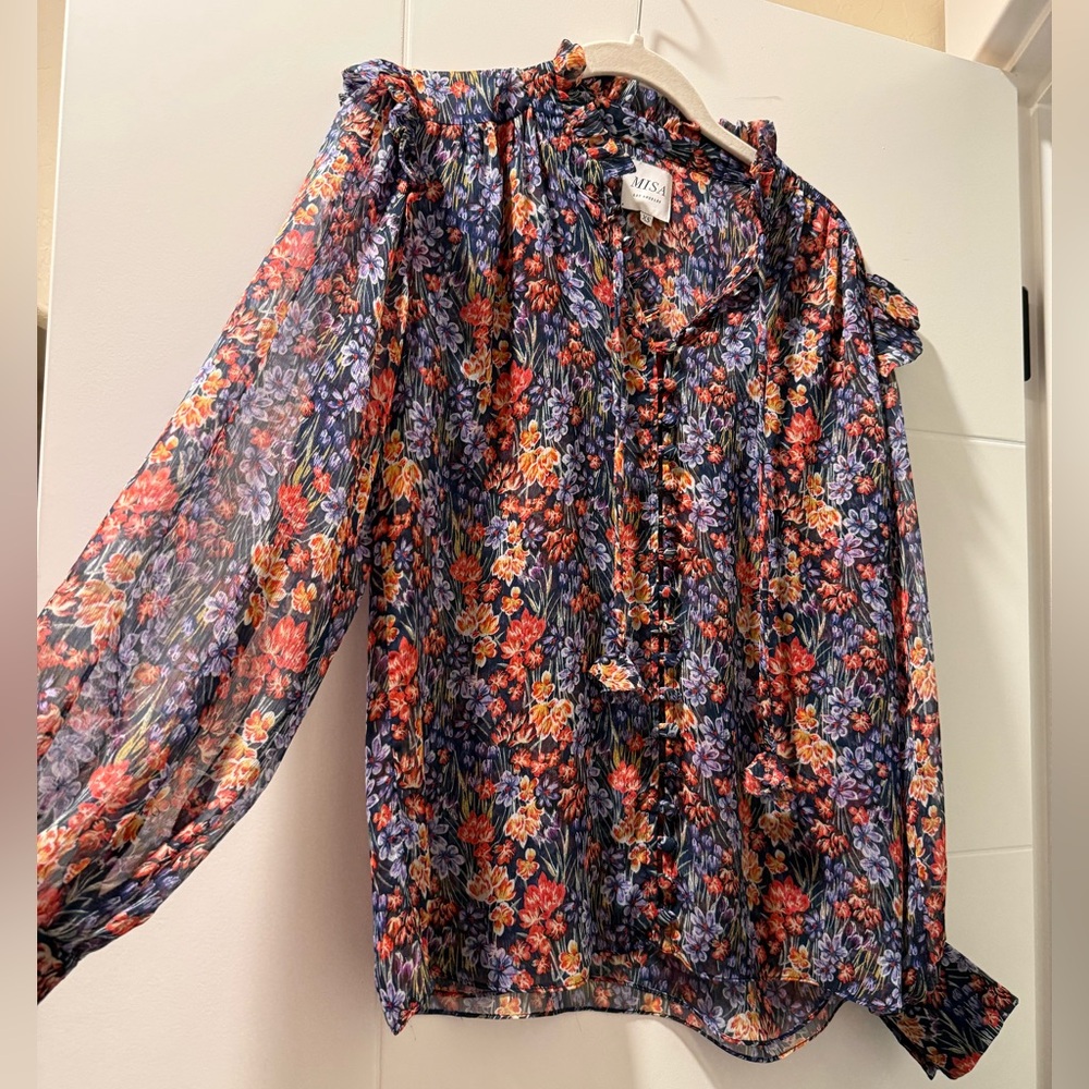 MISA Floral Sheer Long-Sleeve Blouse
